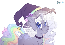 Size: 5000x3500 | Tagged: safe, artist:fluffyxai, oc, oc only, oc:dreamveil, species:pony, species:unicorn, clothing, collar, cute, female, freckles, hat, looking at you, mare, multicolored hair, palindrome get, pretty, rainbow hair, simple background, smiling, solo, transparent background, wavy mane, witch hat