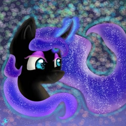 Size: 1024x1024 | Tagged: safe, artist:kiwwsplash, oc, oc only, species:pony, species:unicorn, abstract background, beautiful, bust, curved horn, ethereal mane, galaxy mane, glowing horn, horn, smiling, solo, unicorn oc