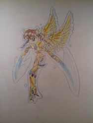 Size: 640x853 | Tagged: safe, artist:kiwwsplash, oc, oc only, species:anthro, species:pegasus, species:pony, armor, flying, pegasus oc, solo, sword, traditional art, weapon, wings