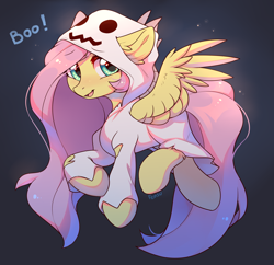 Size: 3000x2900 | Tagged: safe, artist:fensu-san, character:fluttershy, species:pegasus, species:pony, g4, boo, clothing, costume, cute, ear fluff, female, ghost, ghost costume, halloween, halloween costume, high res, leg fluff, mare, nightmare retardant, shyabetes, solo, undead