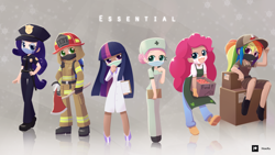 Size: 2560x1440 | Tagged: safe, artist:howxu, edit, editor:michaelsety, character:applejack, character:fluttershy, character:pinkie pie, character:rainbow dash, character:rarity, character:twilight sparkle, character:twilight sparkle (eqg), species:eqg human, species:human, g4, my little pony:equestria girls, axe, clothing, coronavirus, covid-19, female, firefighter, human coloration, humanized, lab coat, mane six, nurse, nurse outfit, police officer, police uniform, raricop, scientist, surgical mask, weapon