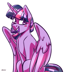 Size: 1778x1918 | Tagged: safe, artist:lrusu, character:twilight sparkle, character:twilight sparkle (alicorn), species:alicorn, species:pony, g4, blushing, female, looking at you, mare, simple background, sitting, smiling, solo, white background