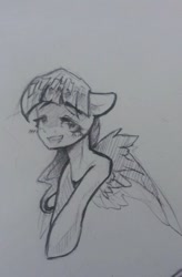 Size: 354x540 | Tagged: safe, artist:kiwwsplash, oc, oc only, species:pegasus, species:pony, g4, bust, grin, pegasus oc, signature, smiling, solo, traditional art, wings