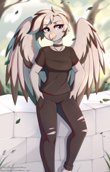 Size: 1928x3000 | Tagged: safe, artist:fensu-san, oc, oc only, species:anthro, species:griffon, g4, clothing, female, ripped pants, shirt, solo, t-shirt