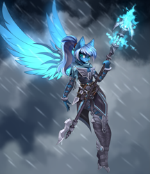 Size: 3311x3840 | Tagged: safe, artist:airiniblock, rcf community, oc, oc only, oc:vivid tone, species:anthro, species:pegasus, g4, anthro oc, armor, clothing, commission, dagger, eyebrows, eyebrows visible through hair, female, looking at you, mare, not luna, pegasus oc, ponytail, rain, solo, spread wings, staff, weapon, wings