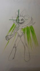 Size: 608x1080 | Tagged: safe, artist:kiwwsplash, species:pony, g4, boots, flowey, glowing eyes, high heel boots, partial color, ponified, rearing, shoes, smiling, solo, traditional art, undertale
