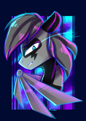 Size: 2480x3507 | Tagged: safe, artist:kiwwsplash, oc, oc only, species:pegasus, species:pony, g4, abstract background, amputee, artificial wings, augmented, biohacking, bust, glowing eyes, pegasus oc, prosthetic limb, prosthetic wing, prosthetics, solo, wings