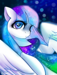 Size: 900x1199 | Tagged: safe, artist:kiwwsplash, oc, oc only, species:pegasus, species:pony, g4, clothing, constellation, crescent moon, moon, pegasus oc, scarf, solo, wingding eyes, wings