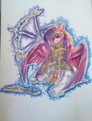 Size: 514x679 | Tagged: safe, artist:kiwwsplash, character:princess cadance, species:alicorn, species:pony, g4, armor, arrow, bow (weapon), clothing, female, glowing horn, horn, magic, mare, quiver, solo, telekinesis, traditional art
