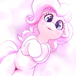 Size: 1536x1536 | Tagged: safe, artist:kurogewapony, character:pinkie pie, species:earth pony, species:pony, g4, cute, daily pinkie pie, diapinkes, female, floppy ears, looking at you, mare, on back, solo