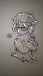Size: 540x960 | Tagged: safe, artist:kiwwsplash, oc, oc only, species:pony, species:unicorn, g4, blep, bust, clothing, crossed arms, glasses, hat, horn, lineart, solo, tongue out, traditional art, unicorn oc