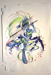 Size: 534x785 | Tagged: safe, artist:kiwwsplash, oc, oc only, species:anthro, species:pony, species:unguligrade anthro, species:unicorn, g4, clothing, horn, peace sign, shorts, smiling, solo, sword, traditional art, unicorn oc, weapon