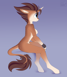 Size: 3195x3706 | Tagged: safe, artist:airfly-pony, oc, oc only, oc:case, species:anthro, species:unguligrade anthro, species:unicorn, g4, anthro oc, breasts, ear fluff, featureless breasts, female, floppy ears, gradient background, leonine tail, mare, nudity, profile, signature, simple background, sitting, sketchy, solo, unicorn oc