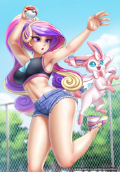 Size: 874x1250 | Tagged: safe, alternate version, artist:racoonsan, character:princess cadance, species:human, g4, alternate hairstyle, anime, armpits, belly button, blushing, breasts, busty princess cadance, clothing, crossover, daisy dukes, female, fence, humanized, midriff, nail polish, open mouth, pokéball, pokémon, shoes, shorts, sneakers, sports bra, sylveon, tree