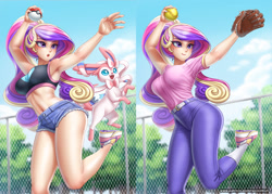 Size: 1747x1250 | Tagged: safe, artist:racoonsan, character:princess cadance, species:human, g4, alternate hairstyle, anime, baseball glove, belly button, belt, blushing, breasts, clothing, crossover, daisy dukes, female, fence, gloves, humanized, jeans, midriff, nail polish, open mouth, pants, pokéball, pokémon, shirt, shoes, shorts, sneakers, socks, softball, sports bra, sweat, sweatdrop, sweatdrops, sylveon, t-shirt, tree