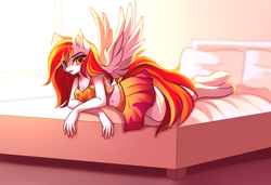 Size: 2712x1853 | Tagged: safe, artist:airiniblock, artist:imbrina, rcf community, oc, oc only, oc:diamond sun, species:anthro, species:pegasus, species:pony, g4, adorasexy, bed, clothing, collaboration, commission, cute, female, mare, pegasus oc, sexy, wings, ych result