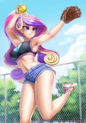 Size: 874x1250 | Tagged: safe, artist:racoonsan, edit, character:princess cadance, species:human, g4, alternate hairstyle, anime, armpits, baseball glove, belly button, blushing, breasts, busty princess cadance, clothing, daisy dukes, female, fence, humanized, midriff, nail polish, open mouth, shoes, shorts, sneakers, softball, sports bra, tree