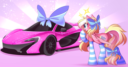 Size: 5434x2849 | Tagged: safe, artist:airiniblock, rcf community, oc, oc only, oc:bay breeze, species:pegasus, species:pony, g4, bow, car, clothing, commission, cute, female, hair bow, mare, mclaren, mclaren p1, socks, solo, striped socks