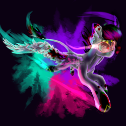 Size: 2000x2000 | Tagged: safe, artist:kiwwsplash, oc, oc only, species:pegasus, species:pony, g4, abstract background, flying, goggles, pegasus oc, solo, sombra eyes, wings
