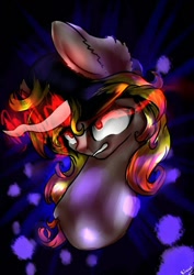 Size: 764x1080 | Tagged: safe, artist:kiwwsplash, oc, oc only, species:pony, species:unicorn, g4, abstract background, bust, ear fluff, glowing horn, grin, horn, signature, smiling, sombra eyes, unicorn oc
