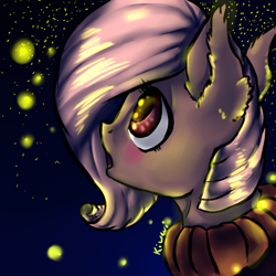 Size: 512x512 | Tagged: safe, artist:kiwwsplash, oc, oc only, species:earth pony, species:pony, g4, blushing, bust, ear fluff, earth pony oc, firefly, insect, night, open mouth, outdoors, signature, solo, stars