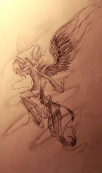 Size: 576x971 | Tagged: safe, artist:kiwwsplash, oc, oc only, species:pegasus, species:pony, g4, eyes closed, flying, pegasus oc, signature, solo, traditional art, wings
