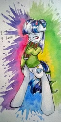 Size: 543x1080 | Tagged: safe, artist:kiwwsplash, oc, oc only, species:pony, g4, abstract background, bipedal, clothing, horns, talking, traditional art