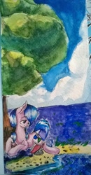Size: 563x1080 | Tagged: safe, artist:kiwwsplash, oc, oc only, species:pony, g4, beach, book, headphones, lying down, outdoors, prone, reading, solo, traditional art, tree