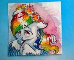 Size: 1782x1456 | Tagged: safe, artist:kiwwsplash, oc, oc only, species:pegasus, species:pony, g4, bust, floral head wreath, flower, multicolored hair, pegasus oc, rainbow hair, solo, traditional art, two toned wings, wings