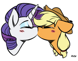 Size: 1653x1296 | Tagged: safe, artist:lrusu, commissioner:raritybro, character:applejack, character:rarity, species:earth pony, species:pony, species:unicorn, ship:rarijack, g4, blushing, commission, cute, eyes closed, female, floppy ears, jackabetes, kissing, lesbian, mare, raribetes, shipping, simple background, white background, ych result
