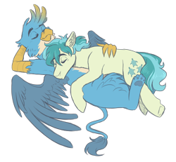Size: 2600x2400 | Tagged: safe, artist:kikirdcz, character:gallus, character:sandbar, species:earth pony, species:griffon, species:pony, ship:gallbar, g4, cuddling, gay, interspecies, male, shipping, simple background, sleeping, transparent background