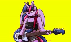 Size: 3555x2100 | Tagged: safe, artist:lrusu, character:twilight sparkle, character:twilight sparkle (alicorn), species:alicorn, species:anthro, species:pony, g4, breasts, cleavage, clothing, ear piercing, earring, electric guitar, female, guitar, jewelry, musical instrument, piercing, punk, ripped shorts, short shirt, simple background, snake bites, solo, yellow background