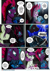 Size: 2480x3508 | Tagged: safe, artist:dsana, character:fizzlepop berrytwist, character:tempest shadow, oc, oc:lullaby dusk, oc:thistledown, species:earth pony, species:pegasus, species:pony, species:unicorn, comic:a storm's lullaby, g4, broken horn, comic, crying, female, filly, horn, lightning, mare, questionable series, scar, scared, semi-grimdark series, storm