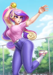 Size: 716x1024 | Tagged: safe, alternate version, artist:racoonsan, edit, editor:thomasfan45, character:princess cadance, species:human, g4, anime, ball, beautiful, beautisexy, belt, blushing, breasts, busty princess cadance, clothing, cute, cutedance, female, fence, hand, jeans, nail polish, open mouth, outdoors, pants, sexy, shirt, shoes, sneakers, socks, softball, solo, t-shirt, tree