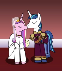 Size: 1280x1461 | Tagged: safe, artist:platinumdrop, character:princess cadance, character:shining armor, g4, cinderella, clothing, dress, jetlag productions, jewelry, kissing, necklace, request, wedding dress