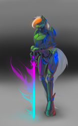 Size: 2180x3507 | Tagged: safe, artist:kiwwsplash, oc, oc only, species:anthro, species:earth pony, species:pony, species:unguligrade anthro, g4, abstract background, arm hooves, earth pony oc, robot, robot pony, solo, sword, weapon