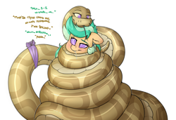 Size: 3800x2600 | Tagged: safe, artist:fluffyxai, oc, oc:anika, oc:summer ray, g4, blushing, coiling, coils, drool, forked tongue, hypnosis, hypnotized, mind control, relaxed, simple background, snake, speech, swirly eyes, talking, text, tongue out, transparent background, wrapped up