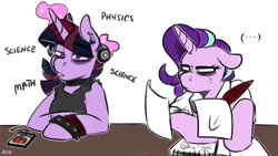 Size: 1200x675 | Tagged: safe, artist:lrusu, character:starlight glimmer, character:twilight sparkle, species:pony, species:unicorn, g4, ..., alternate universe, choker, ear piercing, earring, glowing horn, horn, jewelry, magic, piercing, punk, simple background, telekinesis, white background