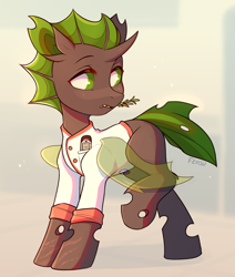 Size: 1677x1977 | Tagged: safe, artist:fensu-san, oc, oc only, oc:karl the changeling, species:changeling, g4, chef, chef outfit, green changeling, male, scar, thermometer