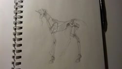 Size: 1632x918 | Tagged: safe, artist:kiwwsplash, oc, oc only, species:pony, species:unicorn, g4, horn, lineart, notebook, pencil, robot, robot pony, solo, traditional art, unicorn oc