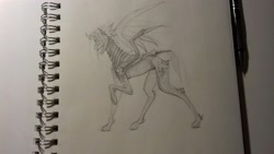 Size: 1632x918 | Tagged: safe, artist:kiwwsplash, oc, oc only, species:alicorn, species:pony, g4, alicorn oc, horn, lineart, notebook, pencil, raised hoof, sketch, solo, traditional art, wings