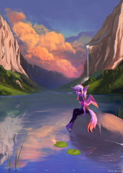 Size: 3000x4243 | Tagged: safe, artist:vincher, oc, oc only, oc:ardent dusk, species:anthro, species:pegasus, species:pony, species:unguligrade anthro, g4, boulder, clothing, detailed background, dragonfly, ear fluff, eye clipping through hair, female, freckles, hock fluff, hoodie, insect, lily pad, looking at you, mountain, pants, ripped pants, scenery, sitting, smiling, solo, water, waterfall