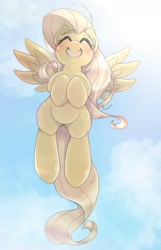 Size: 1269x1968 | Tagged: safe, artist:kurogewapony, character:fluttershy, species:pegasus, species:pony, g4, blushing, cute, eyes closed, female, flying, hooves to the chest, mare, open mouth, shyabetes, sky