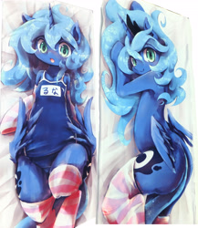 Size: 3995x4608 | Tagged: safe, artist:kolshica, character:princess luna, species:anthro, species:pony, g4, butt wings, clothing, dakimakura cover, female, one-piece swimsuit, school swimsuit, socks, solo, striped socks, swimsuit, wings
