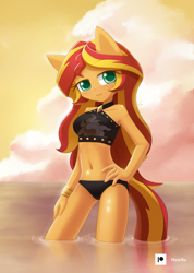 Size: 1000x1407 | Tagged: safe, artist:howxu, character:sunset shimmer, species:anthro, g4, my little pony:equestria girls, adorasexy, beach, belly button, bikini, breasts, busty sunset shimmer, clothing, cloud, cute, female, hand on hip, ocean, ponied up, sexy, shimmerbetes, skinny, sky, solo, summer sunset, swimsuit, water