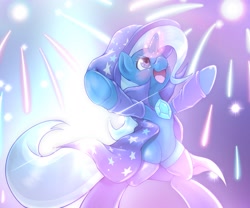 Size: 1885x1568 | Tagged: safe, artist:kurogewapony, character:trixie, species:pony, species:unicorn, g4, bipedal, cape, clothing, cute, diatrixes, female, fireworks, frog (hoof), hat, magic, magic show, mare, open mouth, socks, solo, trixie's cape, trixie's hat, underhoof