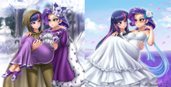 Size: 2377x1204 | Tagged: safe, artist:racoonsan, character:clover the clever, character:rarity, character:twilight sparkle, species:human, ship:rarilight, g4, alternate hairstyle, blushing, bow tie, breasts, bridal carry, cape, carrying, clothing, coat, crown, dress, ear piercing, earring, eyeshadow, female, flower, flower in hair, high heels, hood, humanized, jewelry, lesbian, makeup, marriage, nail polish, necklace, piercing, princess platinum, regalia, robe, rope, rose petals, shipping, shirt, shoes, snow, suit, tree, tuxedo, wedding, wedding dress
