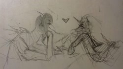 Size: 1632x918 | Tagged: safe, artist:kiwwsplash, oc, oc only, species:pony, species:unicorn, g4, heart, horn, lineart, looking at each other, oc x oc, shipping, sketch, traditional art, unicorn oc