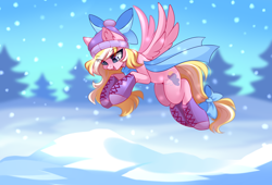 Size: 4222x2864 | Tagged: safe, artist:airiniblock, rcf community, oc, oc only, oc:bay breeze, species:pegasus, species:pony, g4, beanie, boots, bow, clothing, commission, cute, female, flying, hair bow, happy, hat, mare, open mouth, scarf, shoes, snow, snowfall, solo, winter, winter outfit