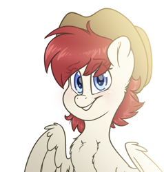 Size: 2000x2100 | Tagged: safe, artist:fluffyxai, oc, oc only, oc:sound blow, species:pegasus, species:pony, g4, clothing, female, hat, leather hat, looking at you, mare, simple background, smiling, solo, white background